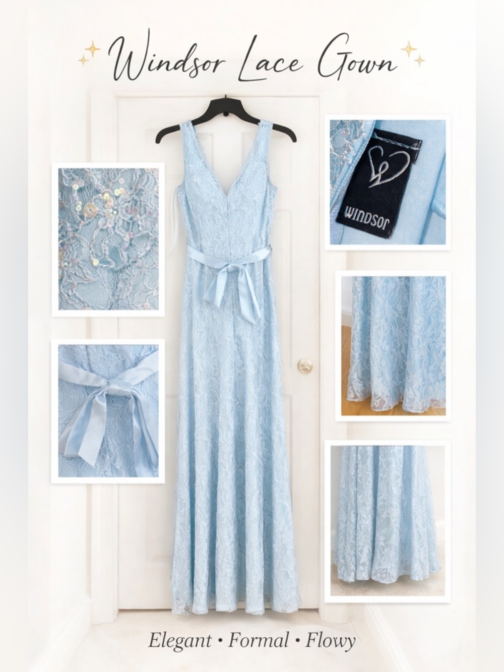 Windsor Powder Blue Lace Maxi Dress with V-Neck & Sequence